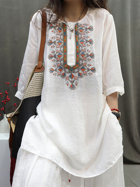 Women Summer Retro Embroidery O-Neck Ramie Shirt ZZ1049 Ada Fashion