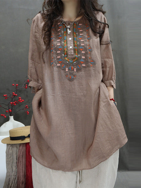 Women Summer Retro Embroidery O-Neck Ramie Shirt ZZ1049 Ada Fashion