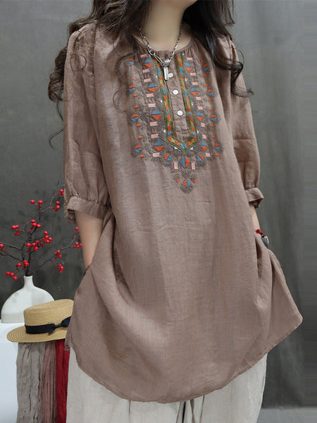 Women Summer Retro Embroidery O-Neck Ramie Shirt ZZ1049 Ada Fashion