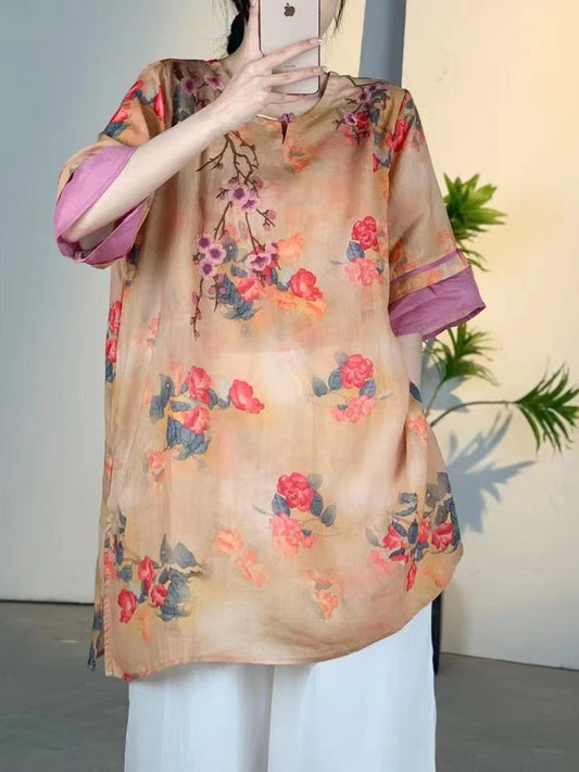 Women Summer Vintage Flower Colorblock Ramie Shirt ZZ1050 Ada Fashion