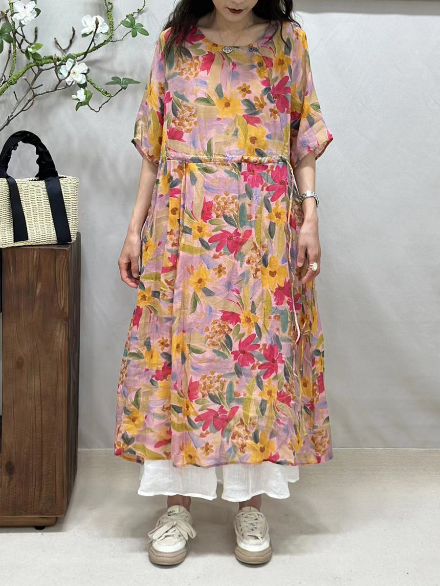 Women Summer Artsy Floral Strap O-Neck Ramie Dress CV1041 Ada Fashion