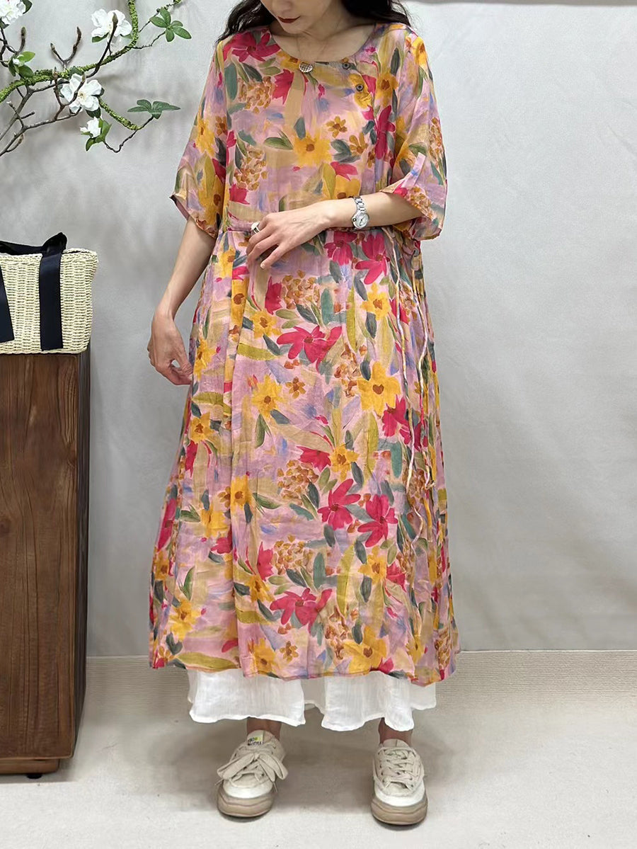 Women Summer Artsy Floral Strap O-Neck Ramie Dress CV1041 Ada Fashion