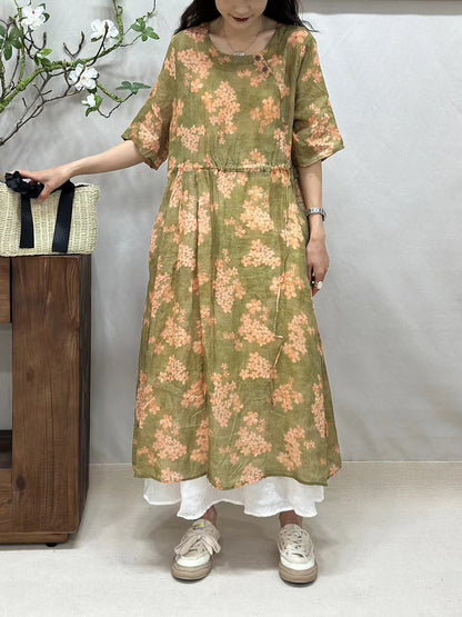 Women Summer Artsy Floral Strap O-Neck Ramie Dress CV1041 Ada Fashion