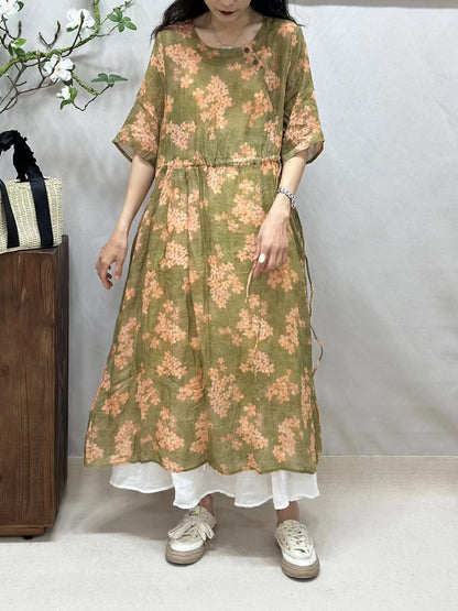 Women Summer Artsy Floral Strap O-Neck Ramie Dress CV1041 Ada Fashion