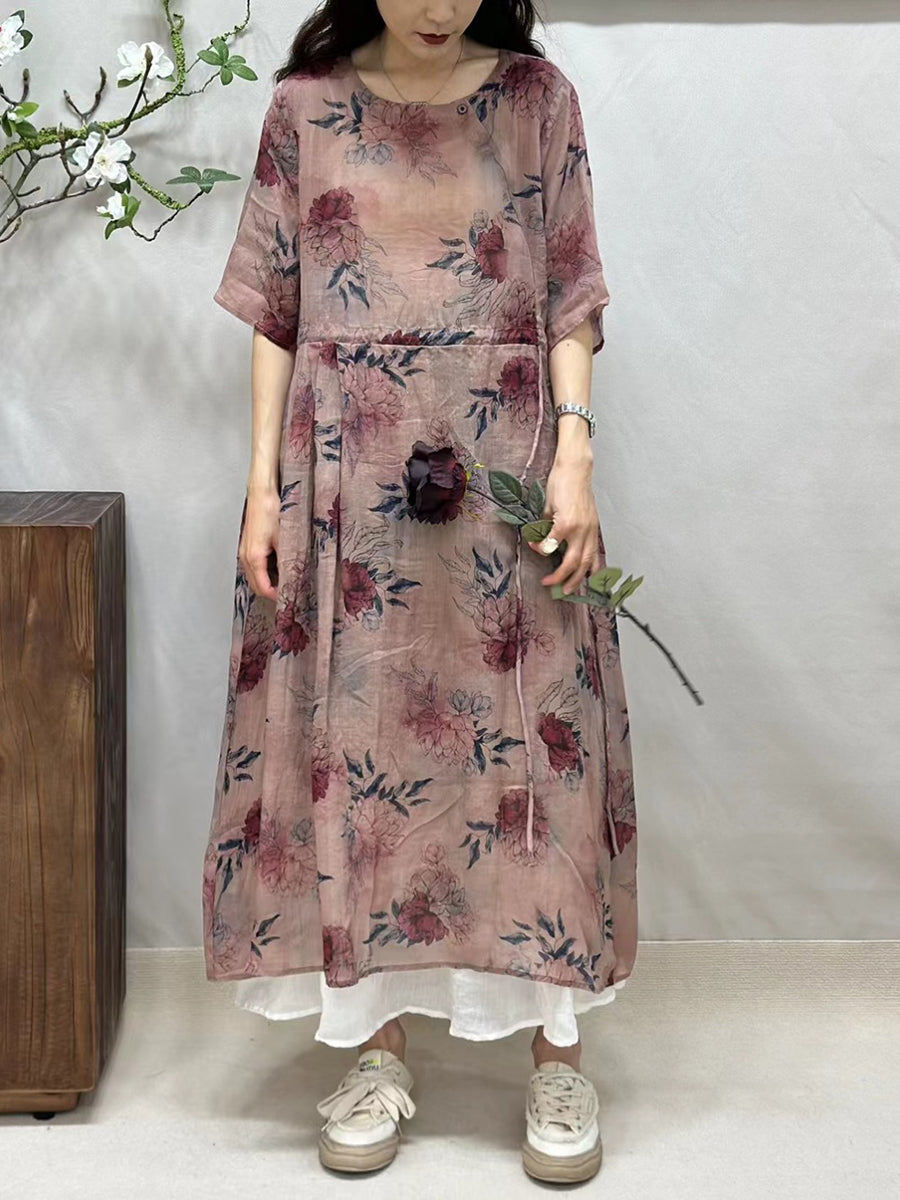 Women Summer Artsy Floral Strap O-Neck Ramie Dress CV1041 Ada Fashion