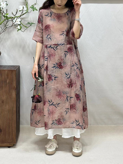 Women Summer Artsy Floral Strap O-Neck Ramie Dress CV1041 Ada Fashion