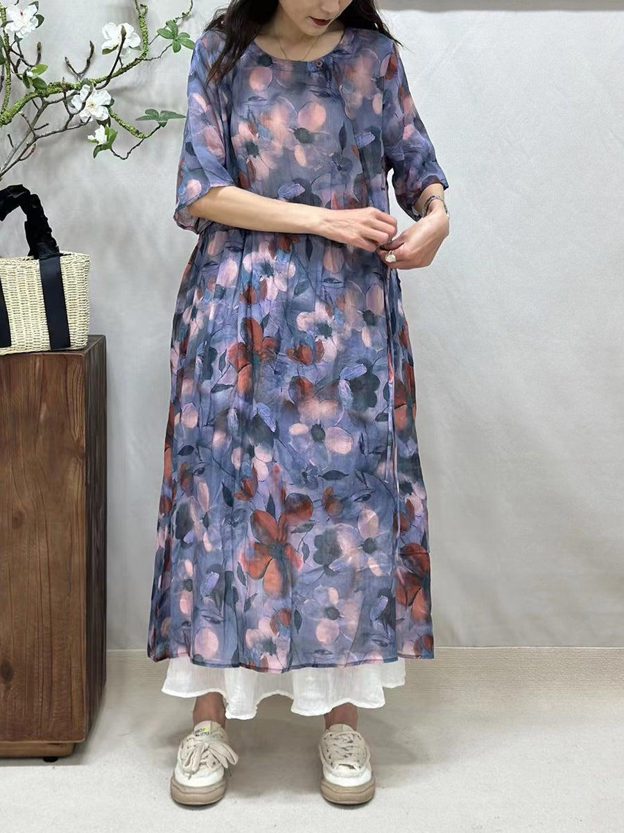 Women Summer Artsy Floral Strap O-Neck Ramie Dress CV1041 Ada Fashion