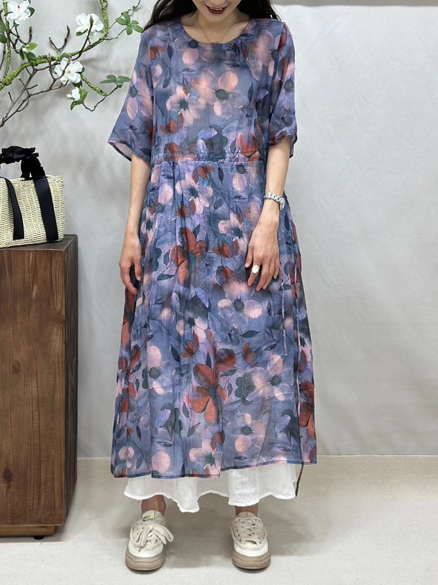 Women Summer Artsy Floral Strap O-Neck Ramie Dress CV1041 Ada Fashion