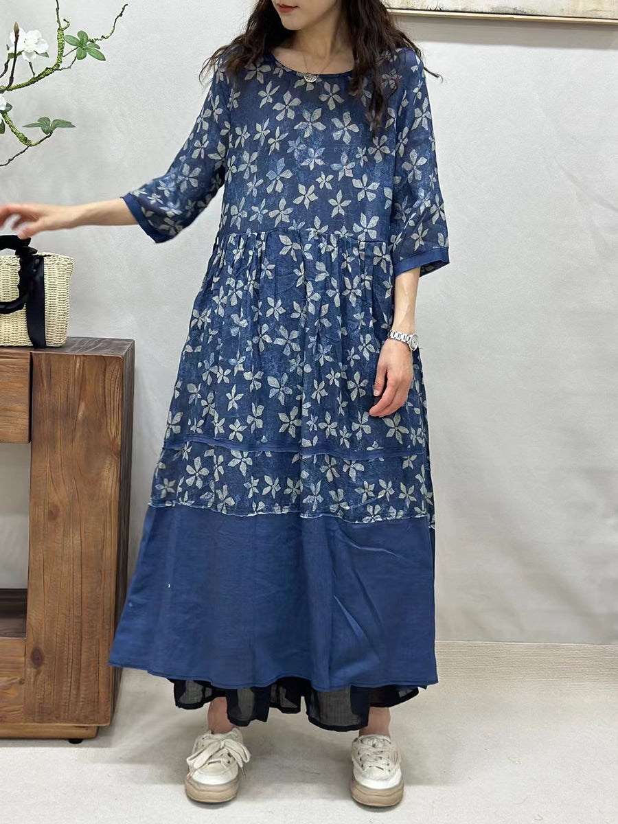 Women Summer Vintage Flower Spliced Ramie Dress CV1043 Ada Fashion