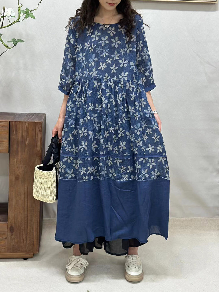 Women Summer Vintage Flower Spliced Ramie Dress CV1043 Ada Fashion