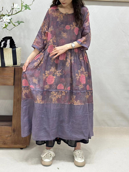 Women Summer Vintage Flower Spliced Ramie Dress CV1043 Ada Fashion