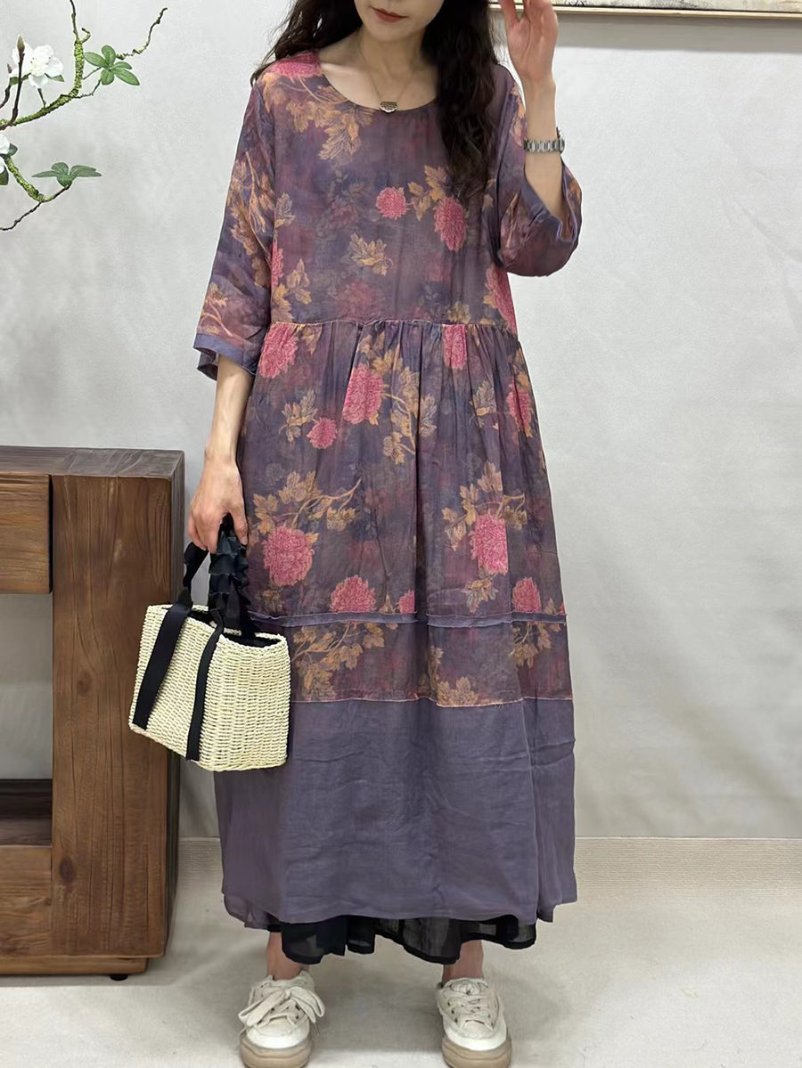 Women Summer Vintage Flower Spliced Ramie Dress CV1043 Ada Fashion