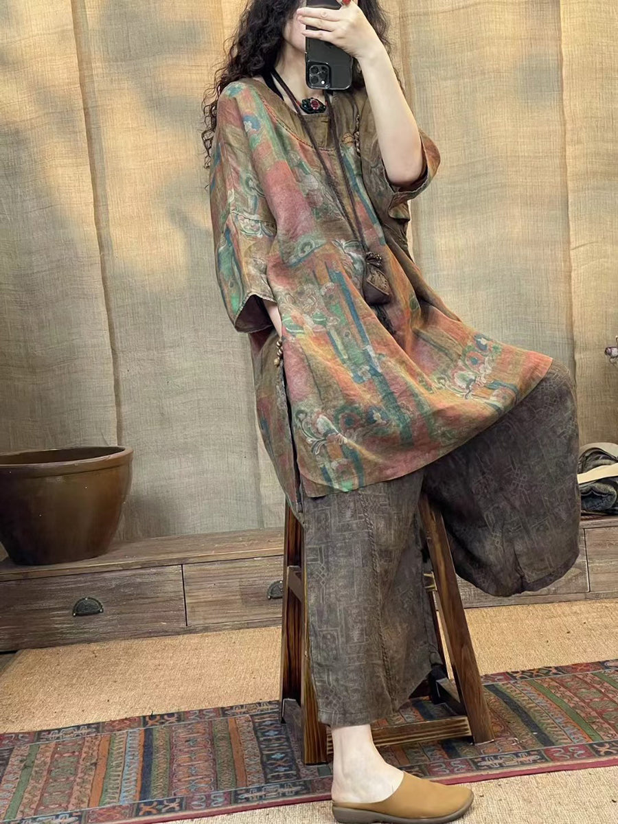 Women Summer Vintage Print Spliced Loose Linen Shirt CV1046 Ada Fashion