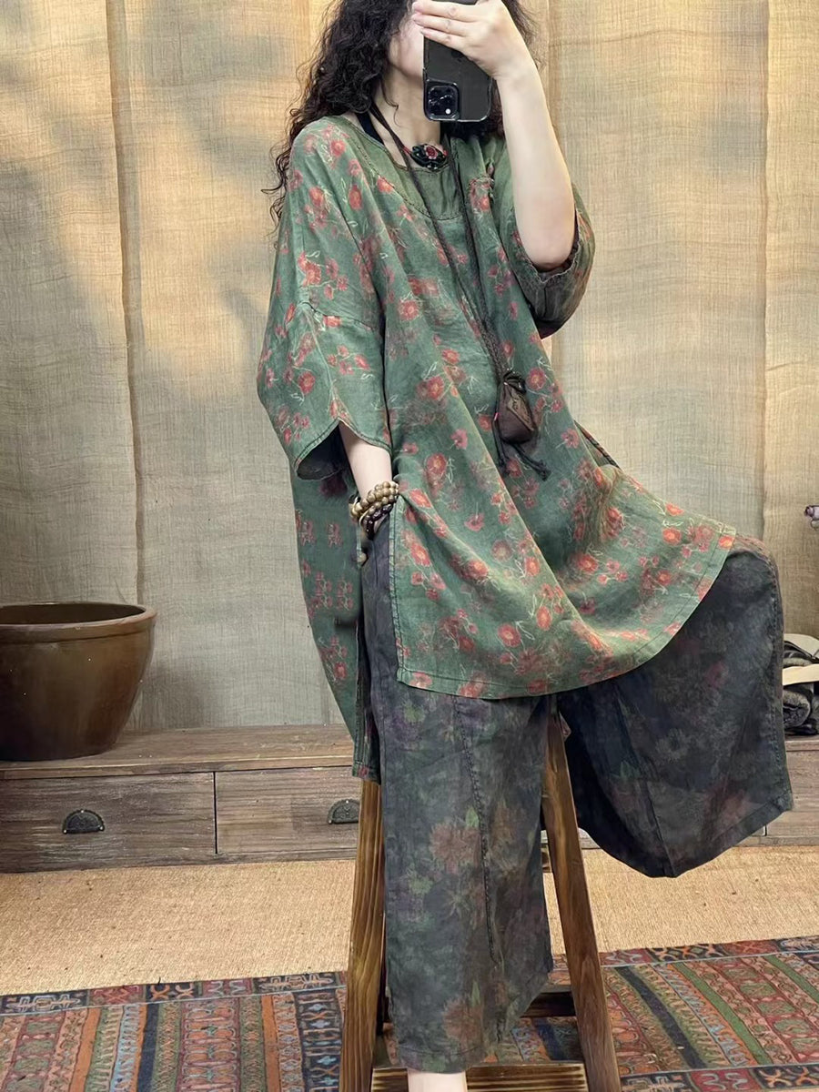 Women Summer Vintage Print Spliced Loose Linen Shirt CV1046 Ada Fashion