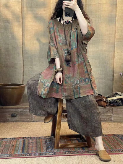 Women Summer Vintage Print Spliced Loose Linen Shirt CV1046 Ada Fashion