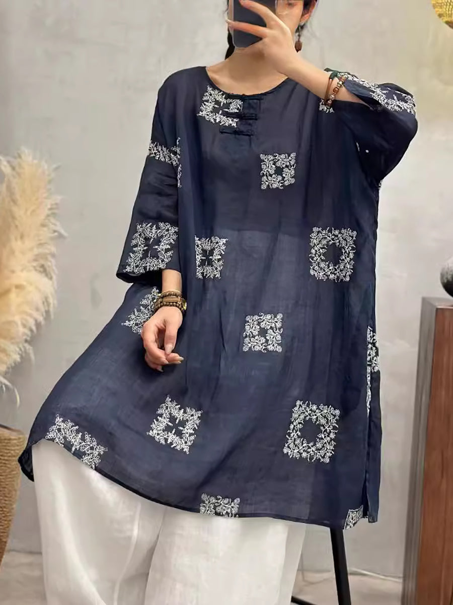 Women Summer Vintage Embroidery Long Ramie Shirt CV1051 Ada Fashion