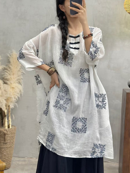 Women Summer Vintage Embroidery Long Ramie Shirt CV1051 Ada Fashion