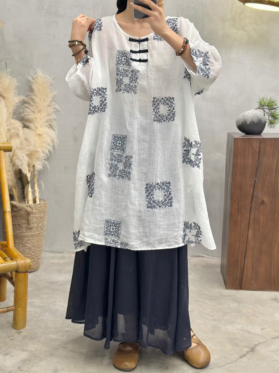 Women Summer Vintage Embroidery Long Ramie Shirt CV1051 Ada Fashion