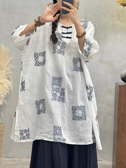 Women Summer Vintage Embroidery Long Ramie Shirt CV1051 Ada Fashion