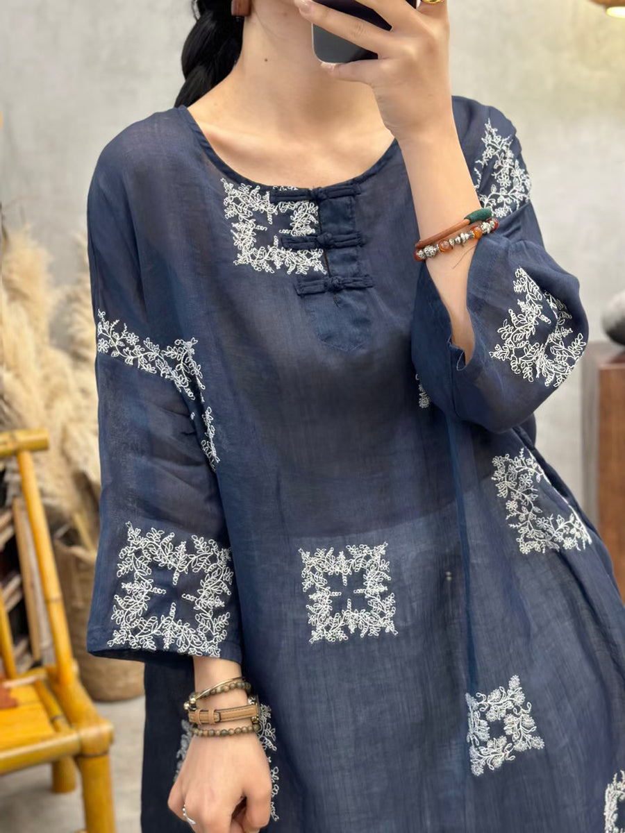 Women Summer Vintage Embroidery Long Ramie Shirt CV1051 Ada Fashion