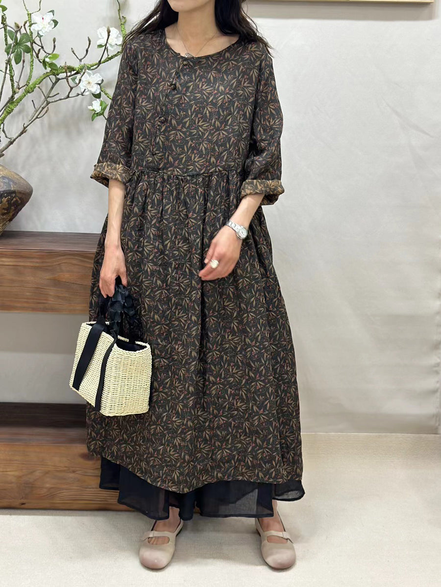 Women Summer Vintage Floral Ramie O-Neck Dress CV1050 Ada Fashion