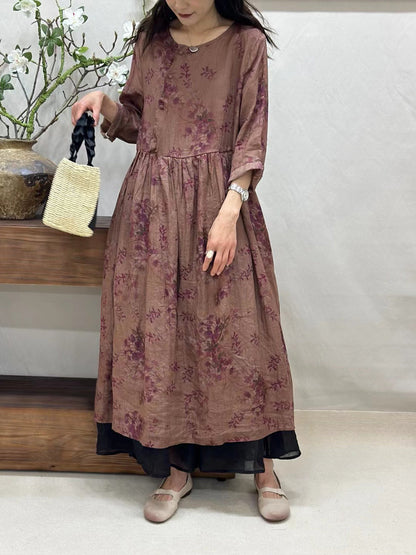 Women Summer Vintage Floral Ramie O-Neck Dress CV1050 Ada Fashion