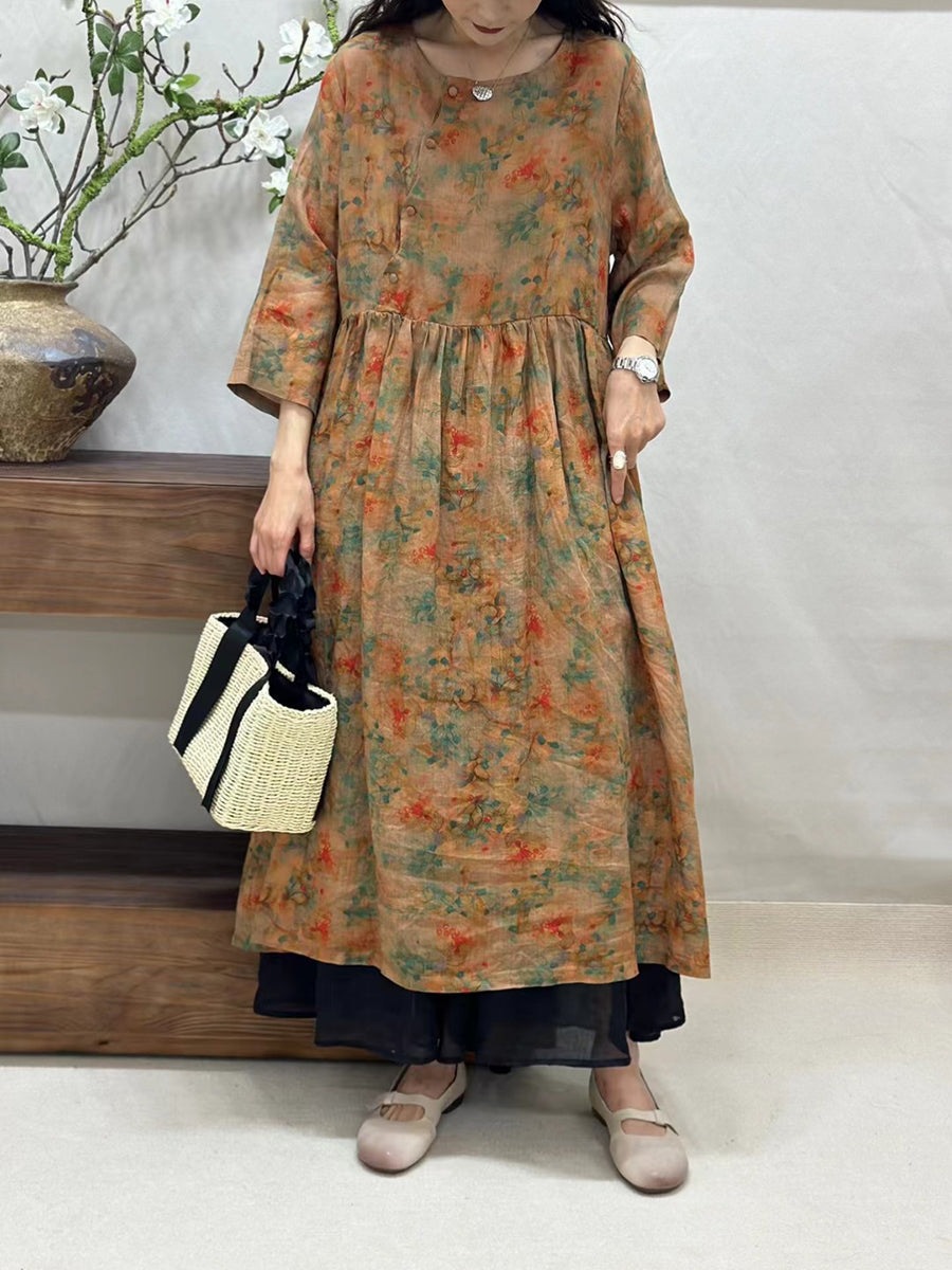 Women Summer Vintage Floral Ramie O-Neck Dress CV1050 Ada Fashion