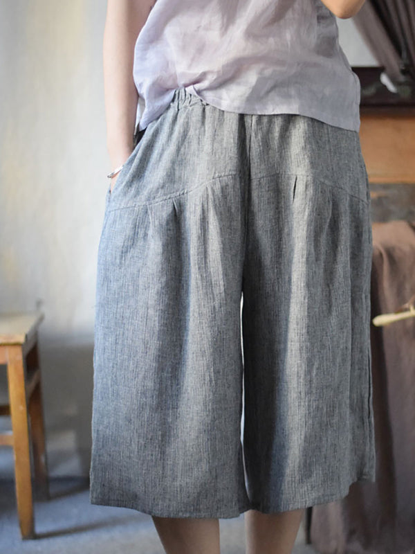 Women Summer Vintage Solid Spliced Linen Wide-leg Pants CV1001 Ada Fashion