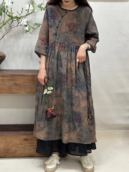 Women Summer Vintage Floral Spliced Ramie Loose Dress CV1002 Ada Fashion