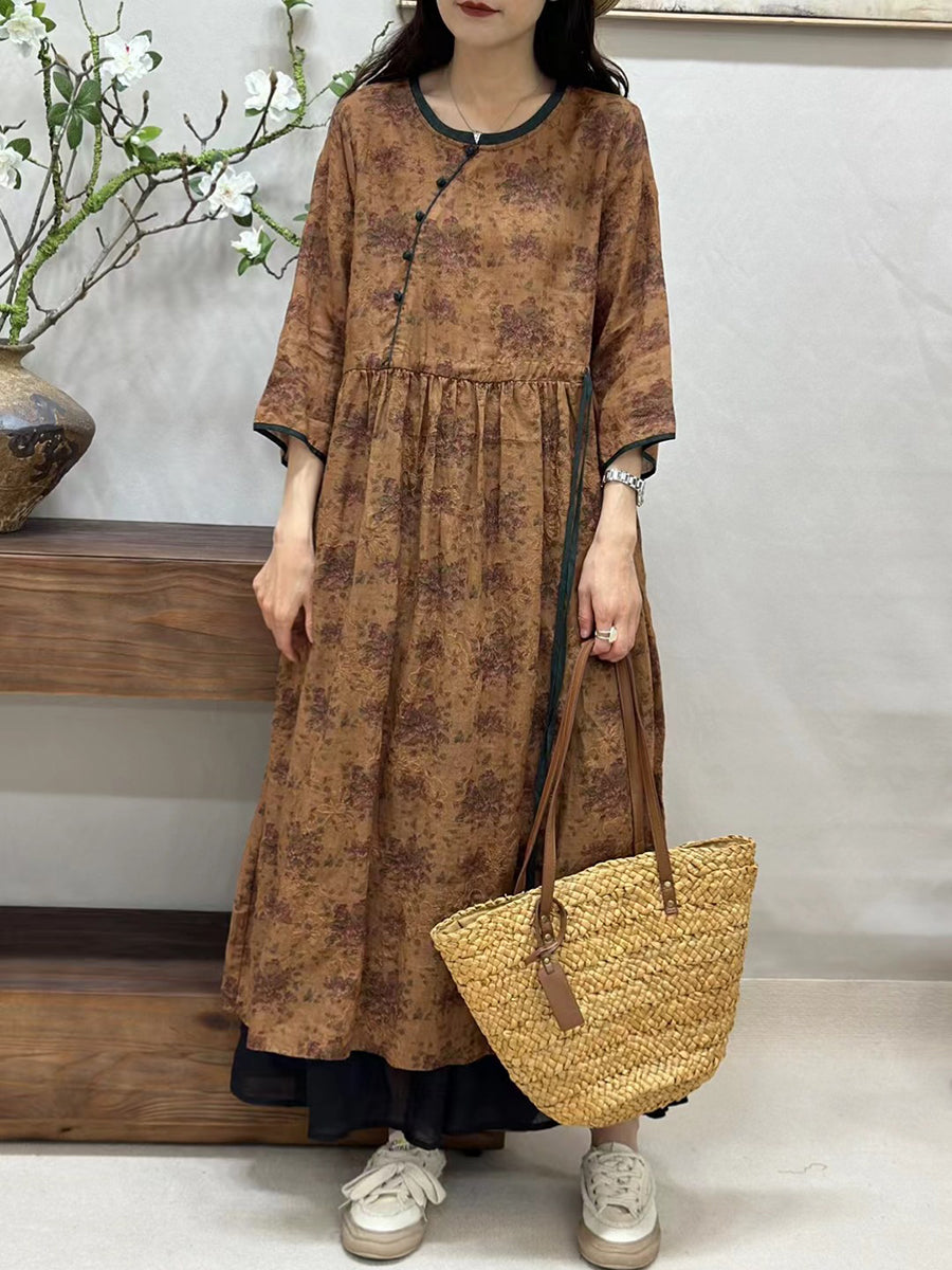 Women Summer Vintage Floral Spliced Ramie Loose Dress CV1002 Ada Fashion