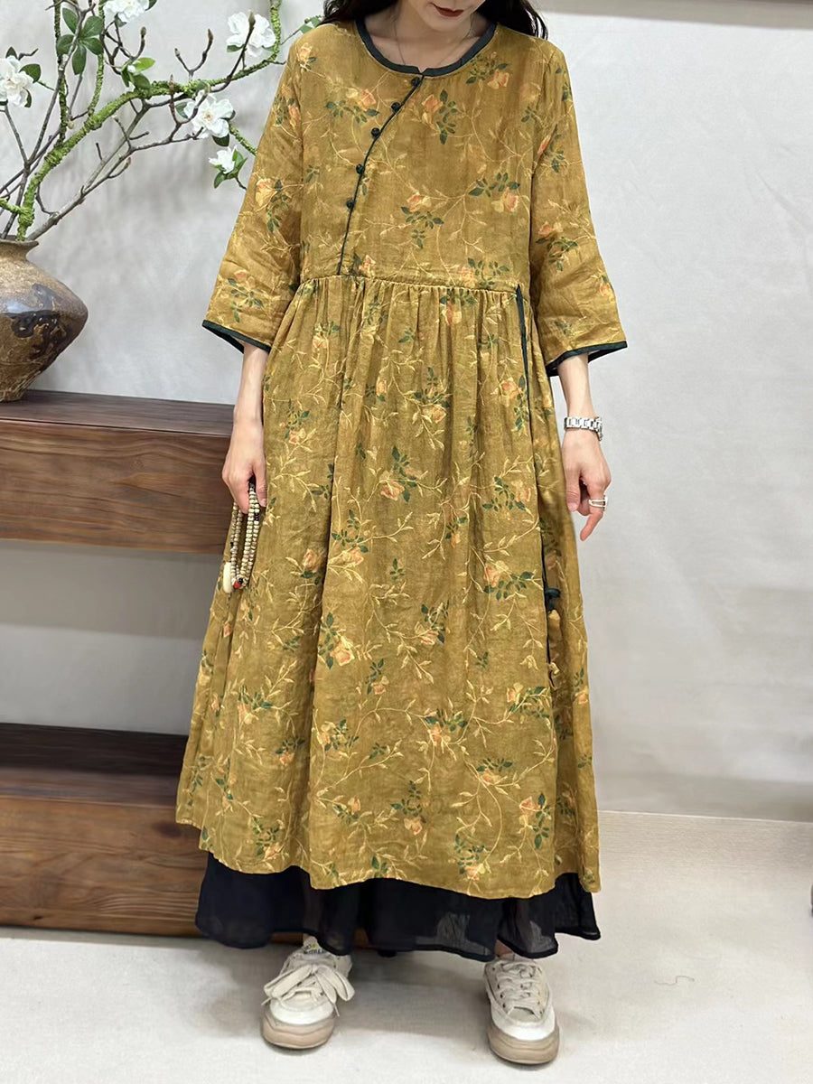 Women Summer Vintage Floral Spliced Ramie Loose Dress CV1002 Ada Fashion