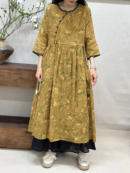 Women Summer Vintage Floral Spliced Ramie Loose Dress CV1002 Ada Fashion