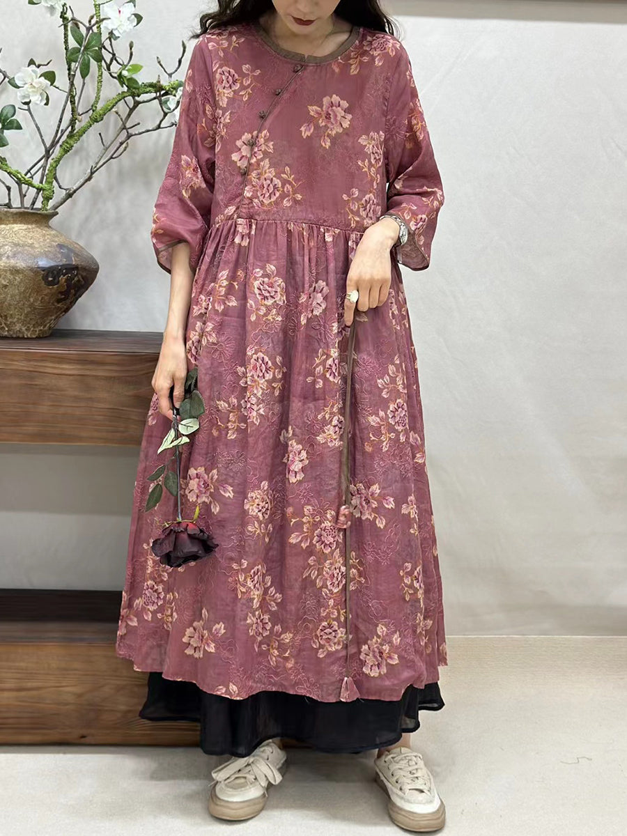 Women Summer Vintage Floral Spliced Ramie Loose Dress CV1002 Ada Fashion