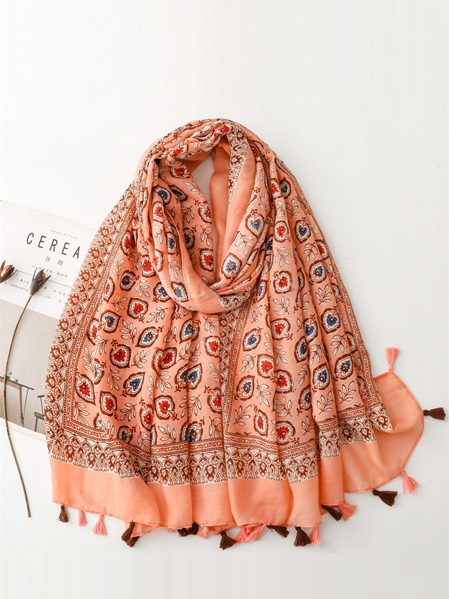 Bohemian Leaf Print Tassel Travel Shawl Scarf CV1021 Ada Fashion