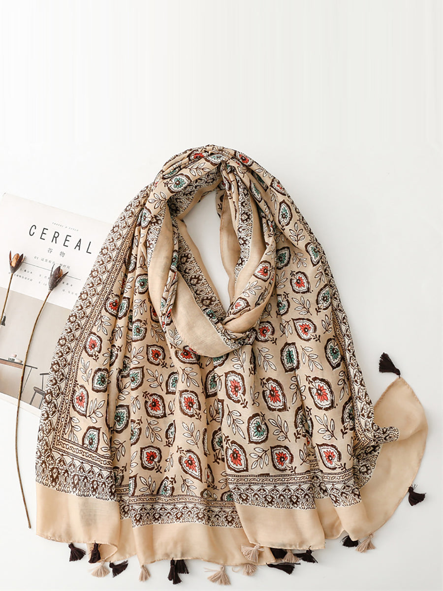 Bohemian Leaf Print Tassel Travel Shawl Scarf CV1021 Ada Fashion