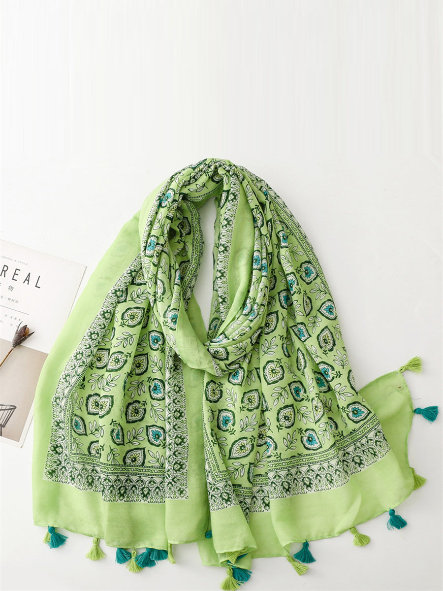 Bohemian Leaf Print Tassel Travel Shawl Scarf CV1021 Ada Fashion