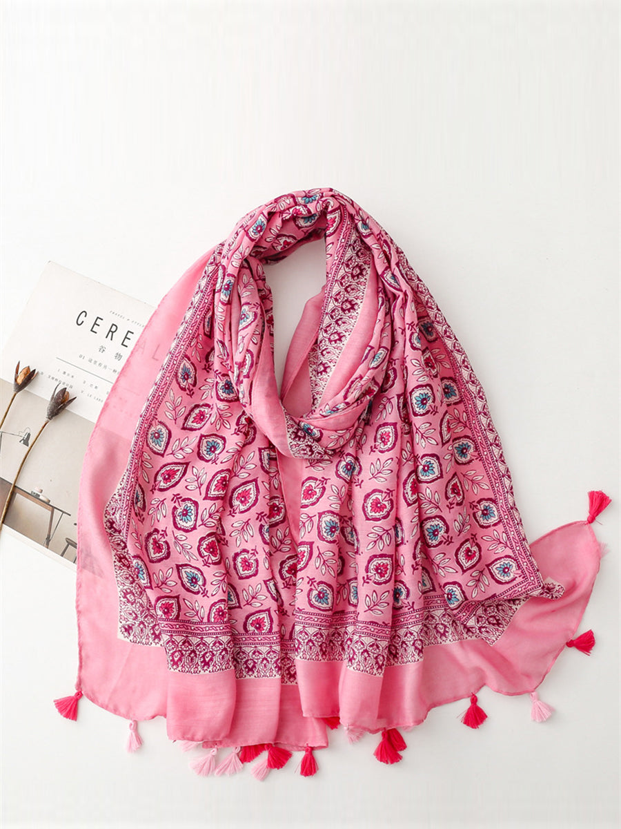 Bohemian Leaf Print Tassel Travel Shawl Scarf CV1021 Ada Fashion