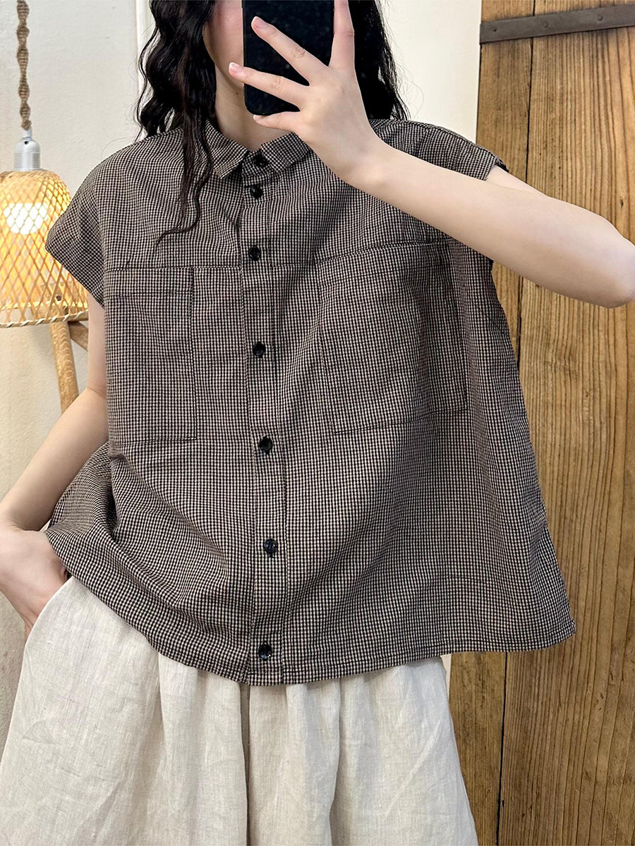 Women Summer Vintage Lattice Button-up Cotton Shirt CV1015 Ada Fashion