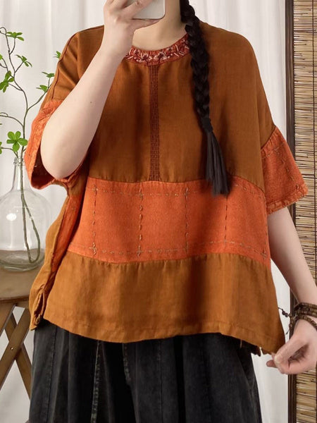 Women Summer Retro Embroidery Colorblock Linen Shirt CV1018 Ada Fashion