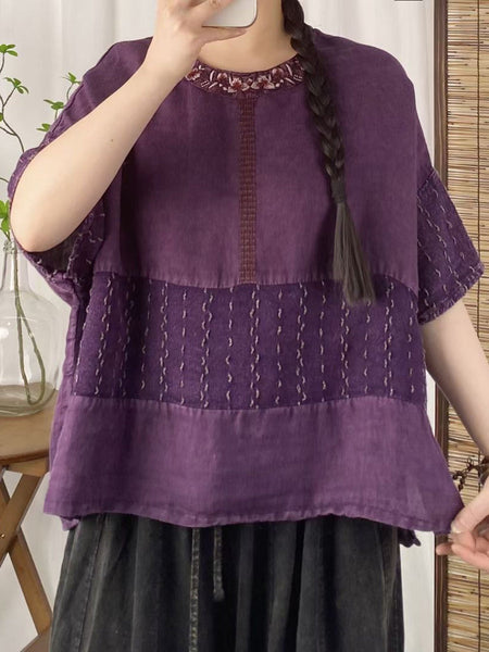 Women Summer Retro Embroidery Colorblock Linen Shirt CV1018 Ada Fashion