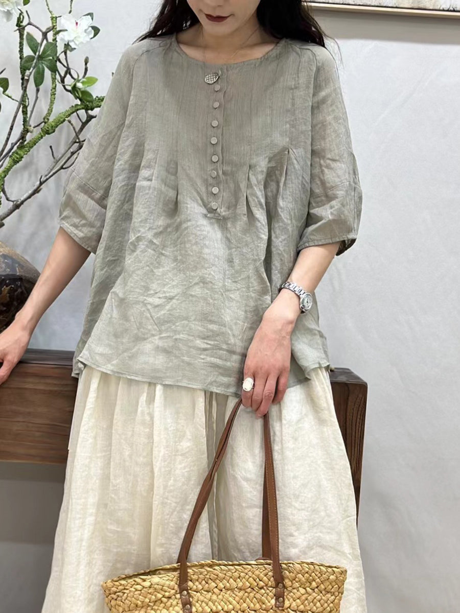 Women Summer Thin Casual Solid Shirred Ramie Shirt CV1016 Ada Fashion