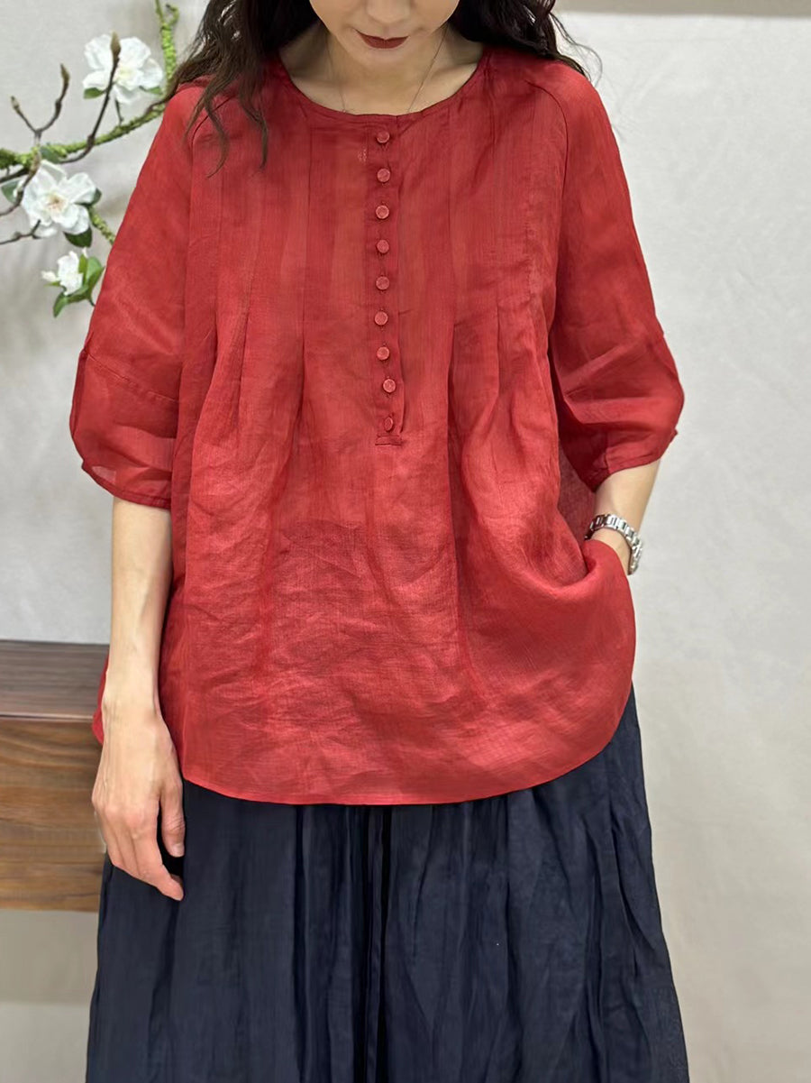 Women Summer Thin Casual Solid Shirred Ramie Shirt CV1016 Ada Fashion