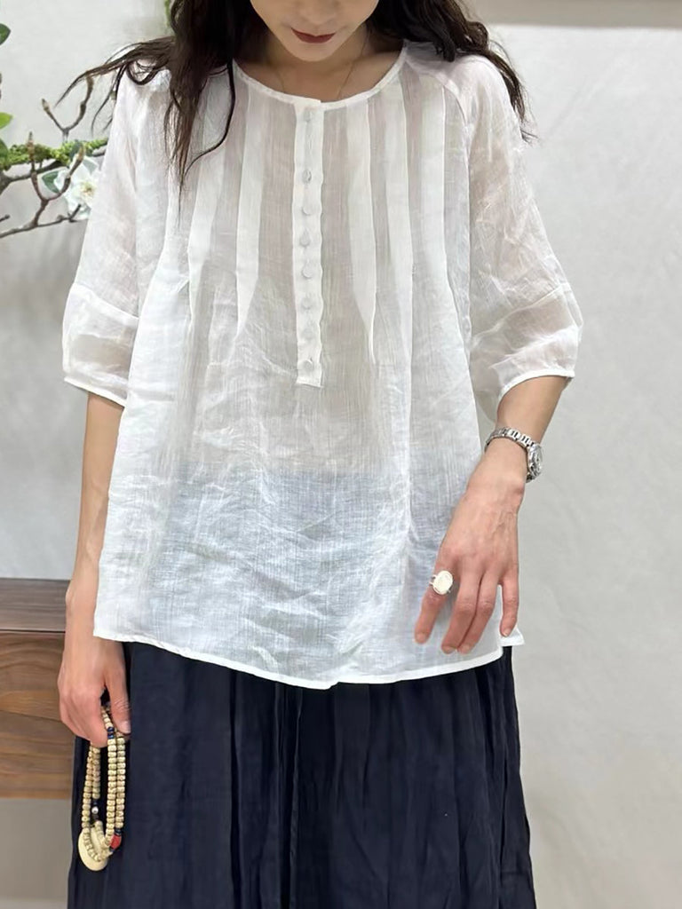 Women Summer Thin Casual Solid Shirred Ramie Shirt CV1016 Ada Fashion