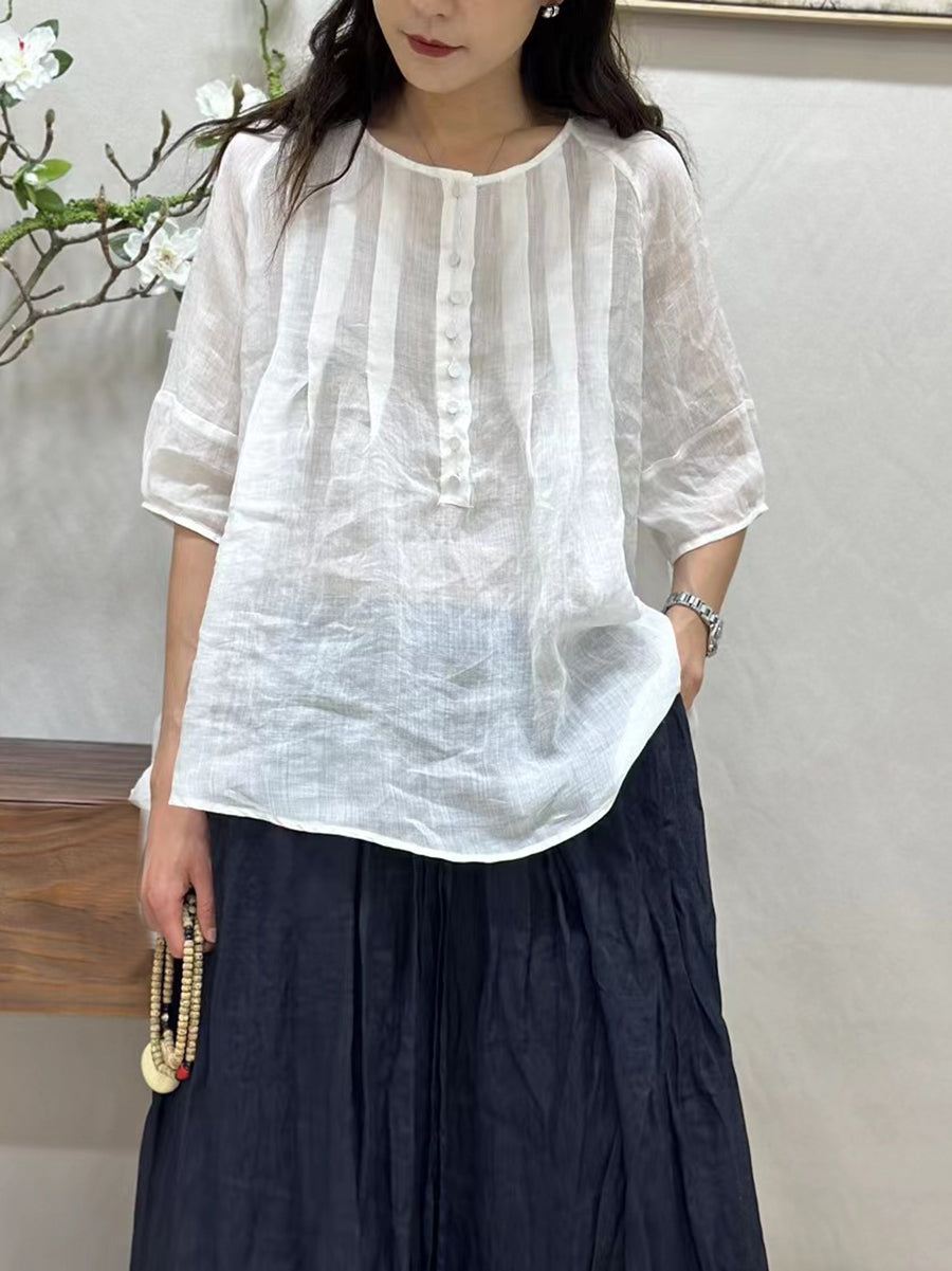 Women Summer Thin Casual Solid Shirred Ramie Shirt CV1016 Ada Fashion