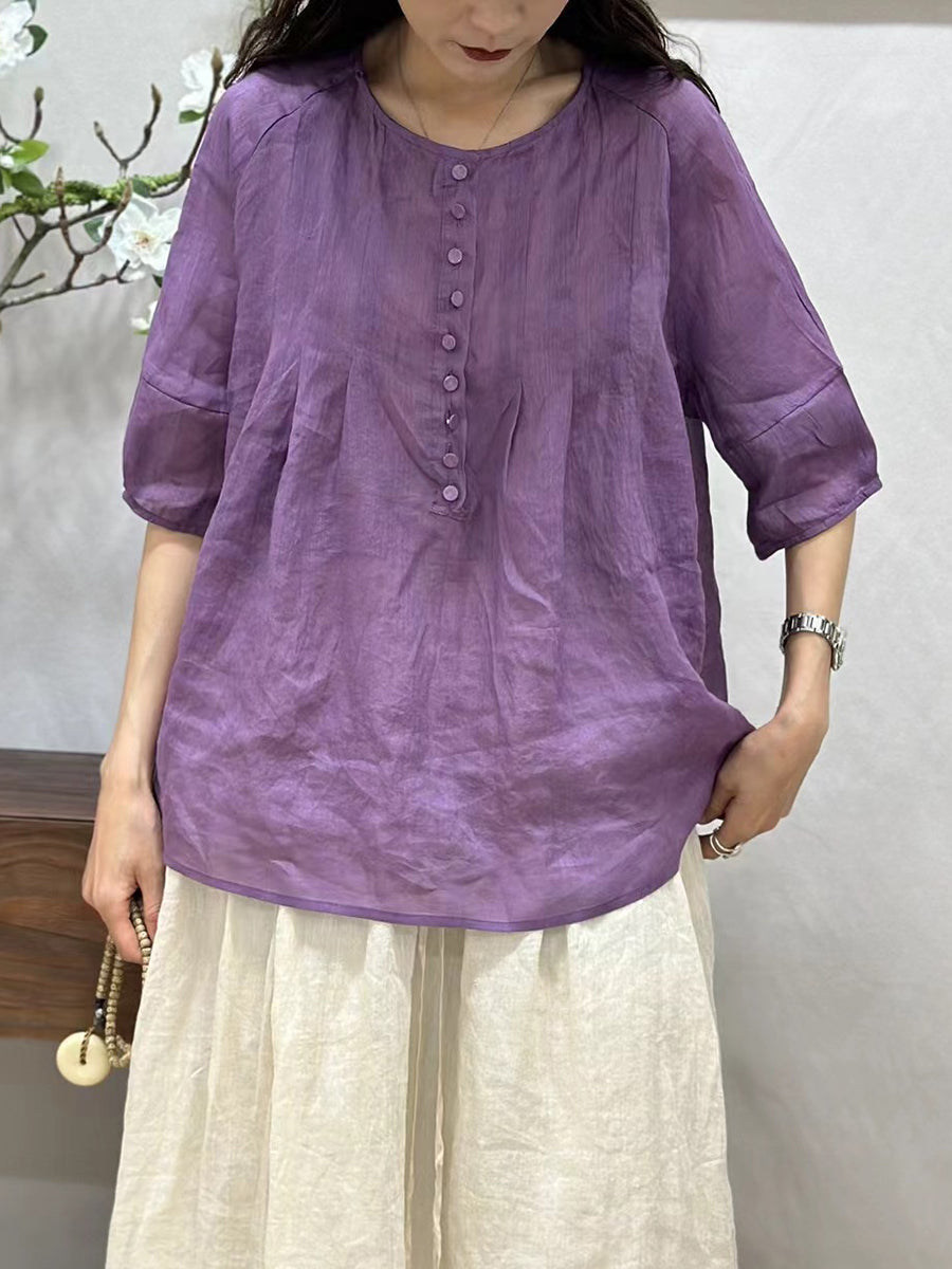 Women Summer Thin Casual Solid Shirred Ramie Shirt CV1016 Ada Fashion