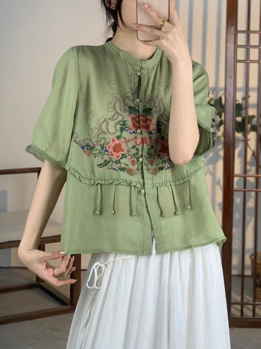 Women Summer Ethnic Flower Embroidery Button-up Ramie Shirt CV1020 Ada Fashion