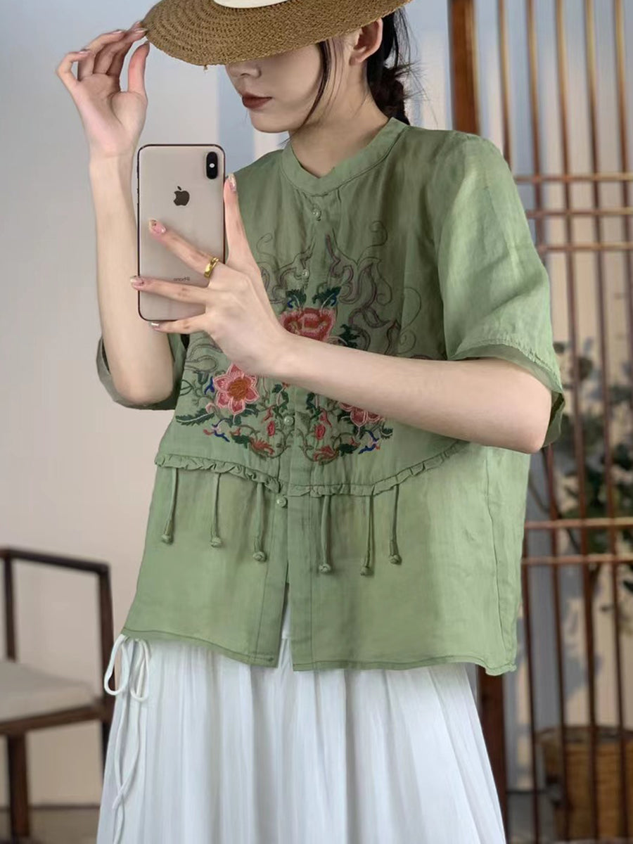 Women Summer Ethnic Flower Embroidery Button-up Ramie Shirt CV1020 Ada Fashion