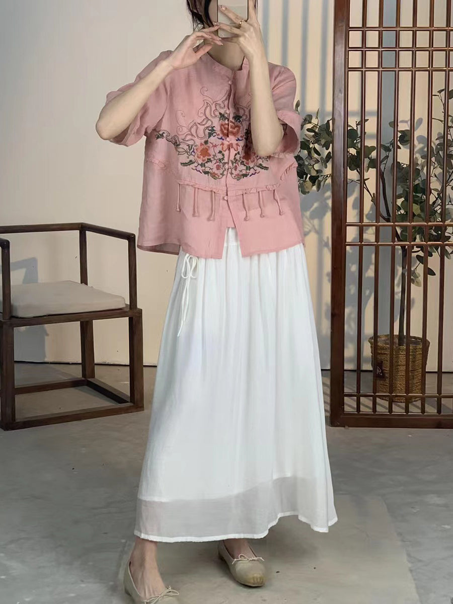 Women Summer Ethnic Flower Embroidery Button-up Ramie Shirt CV1020 Ada Fashion