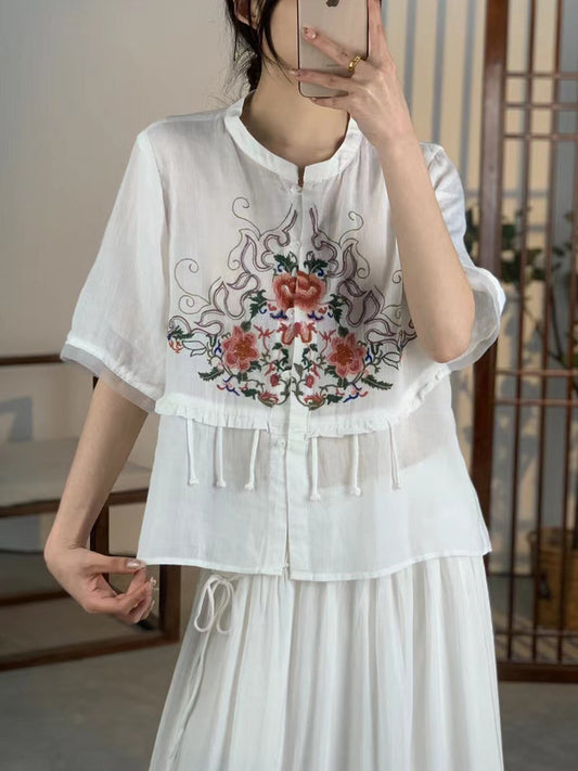 Women Summer Ethnic Flower Embroidery Button-up Ramie Shirt CV1020 Ada Fashion