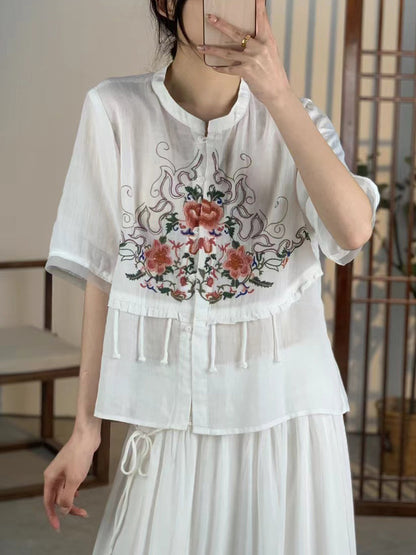 Women Summer Ethnic Flower Embroidery Button-up Ramie Shirt CV1020 Ada Fashion